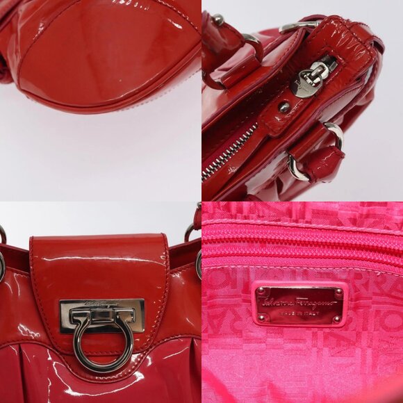 Salvatore Ferragamo Gancini Marissa Hand Bag Enamel Red Silver Auth 130621 - Picture 12 of 14